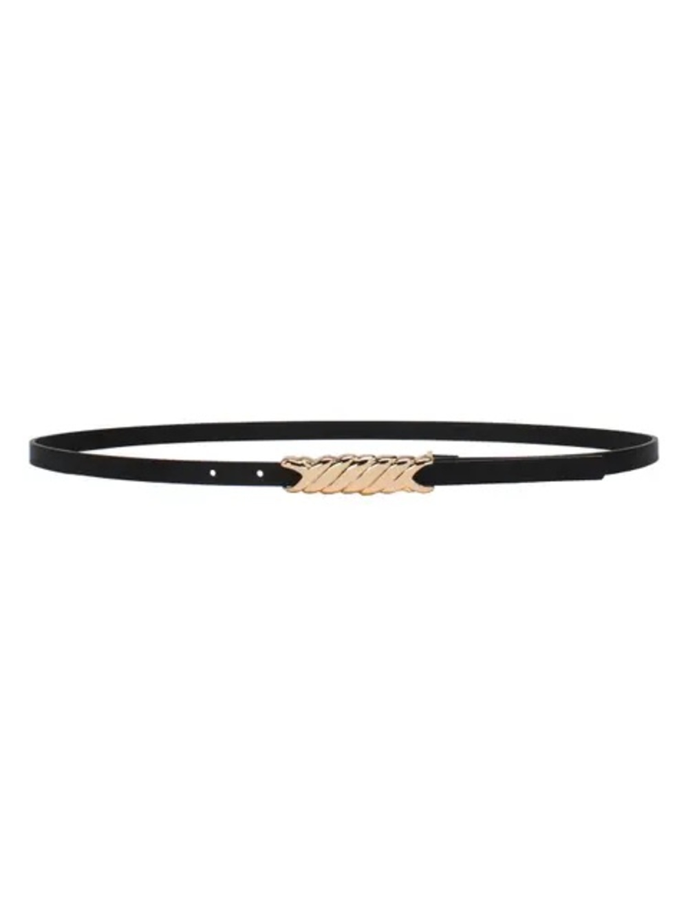 NWT LINEA PELLE Black Skinny Belt XL Gold Tone Twisted Sculpture Buckle